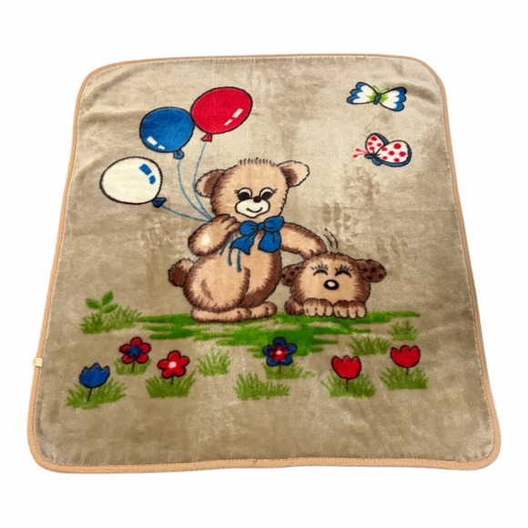Vintage Other - (1980’s) RARE [Made In Korea] Minky Plush Baby Blanket - Bear, Balloons & Puppy
